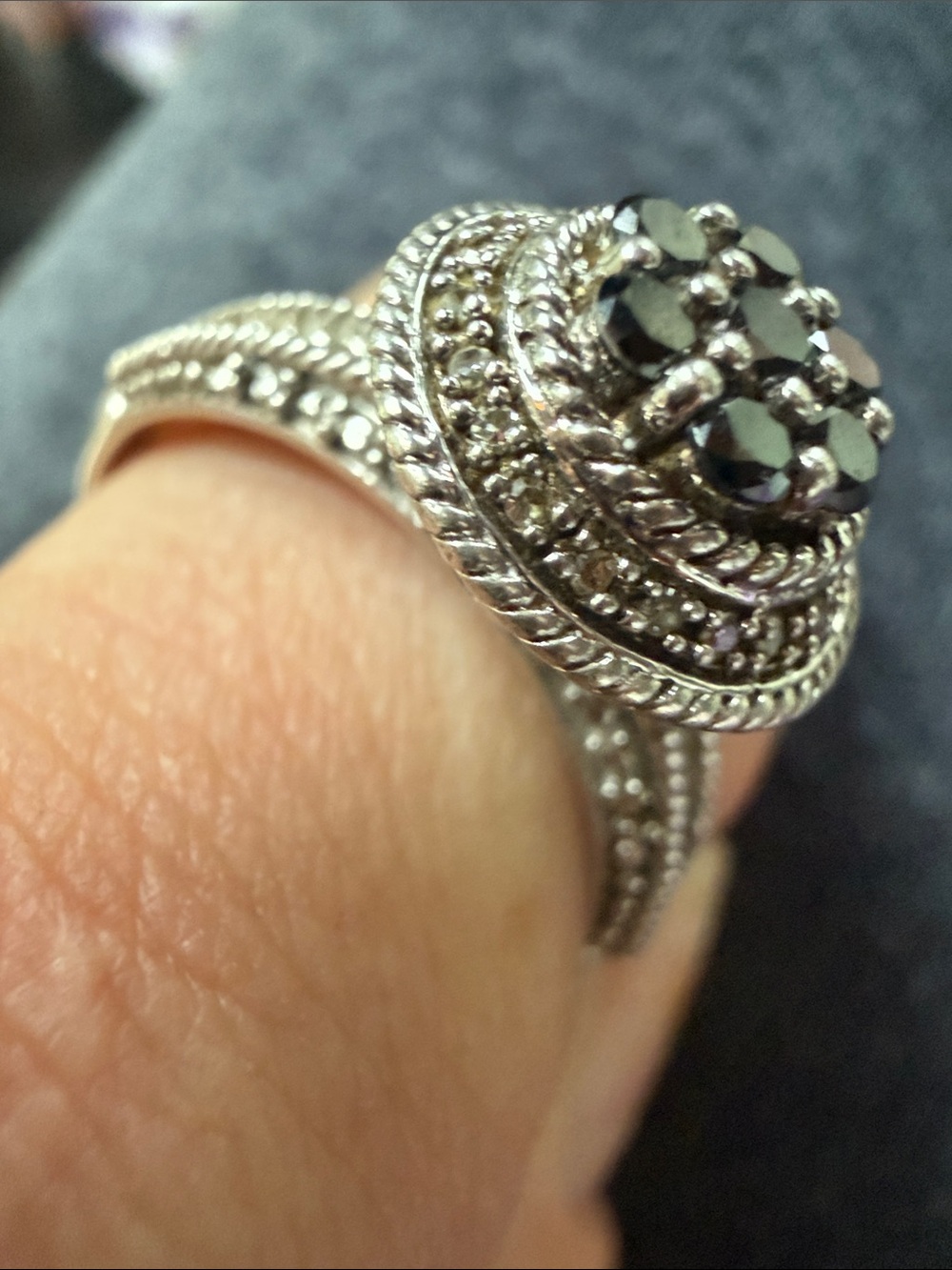 Vintage LJ 925 Sterling Silver Black & White
Diamond Halo Ring - Size 10